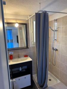 a bathroom with a blue shower curtain and a sink at Maison D Santa Giulia in Porto-Vecchio