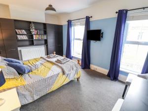 a bedroom with blue walls and a bed and a tv at Coastguard Cottages in Hull