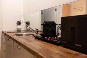 eine Küchentheke mit einer Spüle und einer Mikrowelle in der Unterkunft Divini Gae Aulenti in Mailand