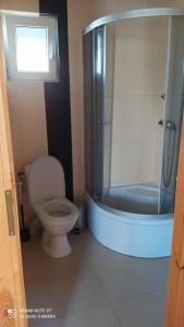 a bathroom with a toilet and a shower at Perła Bałtyku Jarosławiec in Jezierzany +33 photos