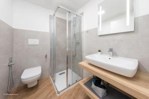 a bathroom with a toilet and a sink and a shower at Luxury Apartment Teatro in Bolzano
