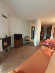 ein Wohnzimmer mit einem Sofa und einem Kamin in der Unterkunft Appartamento Stalle Lunghe in Prato Nevoso