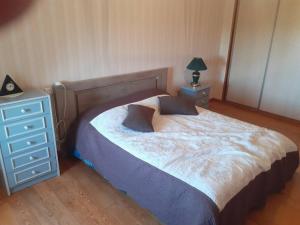 um quarto com uma cama com uma cómoda e um candeeiro em LA MAISON DES HIRONDELLES em Cussac