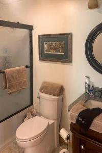 uma casa de banho com um WC e um lavatório em Rustic Retreat with Deck Steps From Lake Almanor! em Lake Almanor