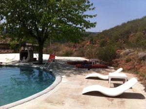 una piscina con sillas blancas y un árbol en Masia Vilatersana, en Sant Llorenç Savall