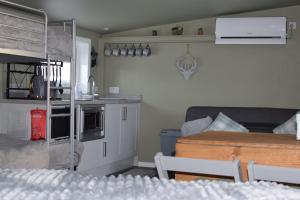 a small room with a bunk bed and a kitchen at The Windy Roost in Occumster