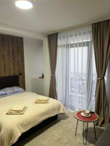 ein Schlafzimmer mit einem Bett und einem Tisch und einem Fenster in der Unterkunft GENCIAN RESORT in Kopaonik