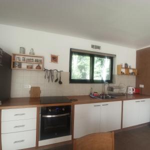 cocina con armarios blancos, fregadero y ventana en Cabaña Ecologica en Uspallata
