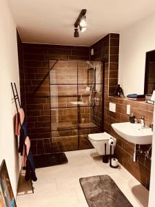 a bathroom with a shower and a toilet and a sink at Better Living - Villa - Exklusiv Studio 76qm in Montabaur