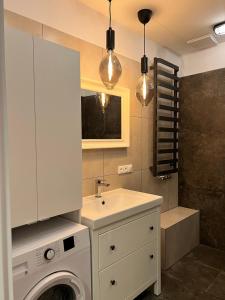 uma casa de banho com uma máquina de lavar roupa e um lavatório em Loft Premium Apartments em Lódź