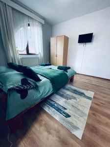 a bedroom with two beds and a television in it at Casa POTE in Covasna