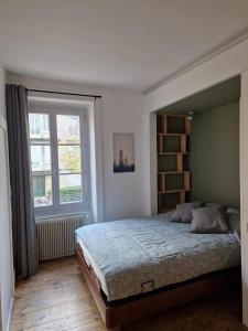 Un dormitorio con una cama grande y una ventana en Appartement 2/4 pers Le Cosy, en Lons-le-Saunier