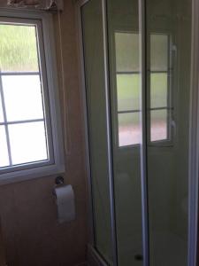 a bathroom with a shower and a toilet paper roll at Static Caravan (Cliburn Station) in Penrith