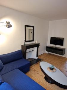 sala de estar con sofá azul y TV en Appartement 2/4 pers Le Cosy, en Lons-le-Saunier