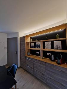 una sala de estar con una gran estantería de madera y un sofá en Appartement 2/4 pers Le Cosy en Lons-le-Saunier