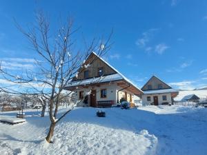 LaziskoCa' Fam Chalets的雪地里有一棵树的房子