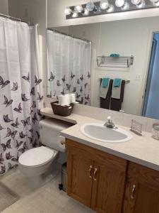 een badkamer met een toilet, een wastafel en een douchegordijn bij Cozy Home in Camrose