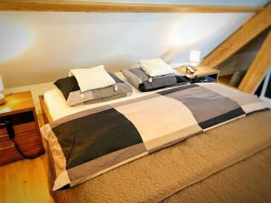 een slaapkamer met een groot bed met 2 kussens bij B&B de Muldermolen in Schinnen