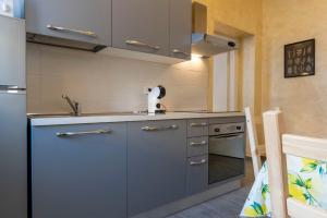 una cucina con armadi blu, lavandino e piano cottura di Leader Apartment 1 a Milano