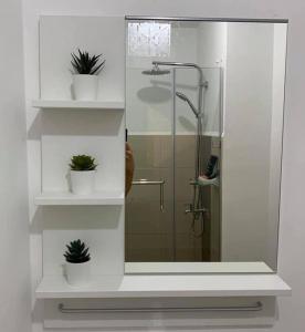 La salle de bains est pourvue d'une douche avec des plantes en pot sur les étagères. dans l'établissement Modern Brand New Condo in Grace Residence Taguig, à Manille