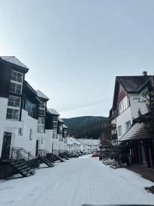 eine schneebedeckte Straße in einer Stadt mit Häusern in der Unterkunft Apartment Na Skále CLOSE TO CITY CENTER & SKI LIFT in Špindlerův Mlýn