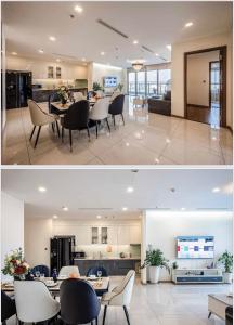 a kitchen and a living room with a table and chairs at The Landmark Vinhomes-Service Apartment in Ho Chi Minh City