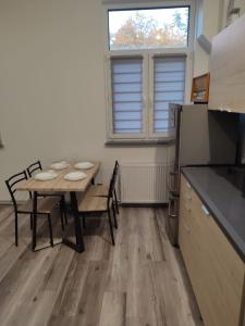 een keuken met een tafel en stoelen in een kamer bij Szare Miraże in Busko-Zdrój