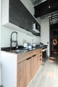 uma cozinha com um lavatório e um balcão em Hermoso y cómodo mini LOFT 3 em Cidade do México
