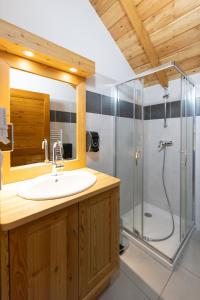 un bagno con lavandino e doccia di Auberge La maison de Catherine a Puy-Saint-Pierre Altre 117 foto