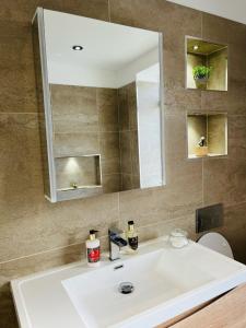 La salle de bains est pourvue d'un lavabo et d'un grand miroir. dans l'établissement MayDisc Long Stay Contractors Portsmouth Stays, à Portsmouth