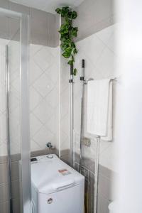 a bathroom with a toilet and a plant on the wall at La Mar de Bello, cozy apartment! in Costa de Antigua