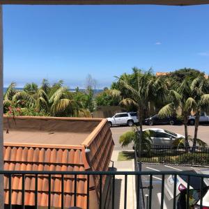 a balcony with a view of a parking lot with palm trees at Moonlight Beach Motel in Encinitas