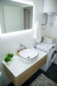 a bathroom with a sink and a toilet and a mirror at Apartment Mare Blu in Kožino +34 photos