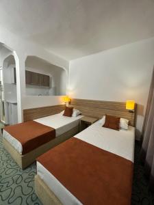 um quarto de hotel com duas camas num quarto em Garsoniere Aby em Turnu Măgurele