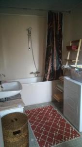 a bathroom with a shower and a red tile floor at Le Lohrnest in Lohr