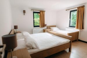 a bedroom with two beds and two windows at Good House in Vlăhiţa