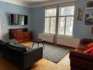 a living room with a couch and a tv on the wall at Vila Bohemia Saxon Switzerland in Šluknov