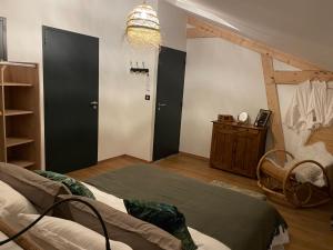 a bedroom with a bed and a chandelier at Gîte l'Eden à l'Est in Colombey-les-deux-Églises