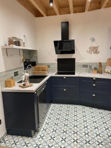 a kitchen with blue cabinets and a stove top oven at Gîte l'Eden à l'Est in Colombey-les-deux-Églises