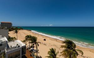 a view of a beach with palm trees and the ocean at The Tryst Beachfront Hotel in San Juan
