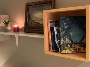 a book shelf with books and a candle on it at Leilighet sentralt til Sandefjord og Torp flyplass in Sandefjord +10 photos