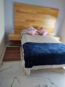a bed with a blue comforter and two pink pillows at Casa las Galias. in Tlalixtac de Cabrera