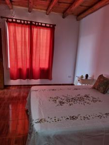 1 dormitorio con 1 cama con cortina roja en Departamento Tunuyán en Tunuyán
