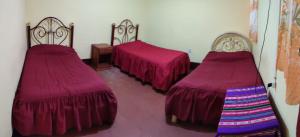 two beds with red covers in a room at Alojamiento la Gran Estación in Uyuni