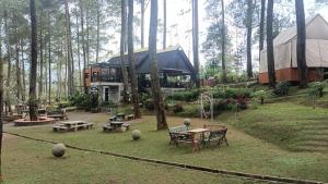 un parc avec des bancs et un bâtiment dans les bois dans l'établissement villa cikole kalaras, à Lembang