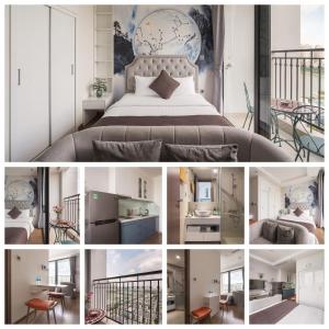 un collage de fotos de un dormitorio con cama en Homestay Vinhomes Greenbay NiceRoom, en Hanói