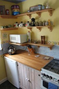 a kitchen with a counter with a microwave and a stove at Enniskerry - The Loves Cottage in Shepton Mallet