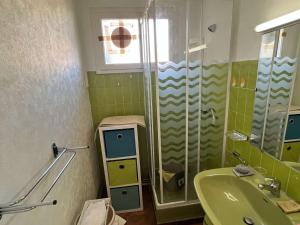 zieloną łazienkę z prysznicem i umywalką. w obiekcie Charmant T2 avec terrasse, climatisation, parking - Valras-Plage - FR-1-701-6 w mieście Valras-Plage