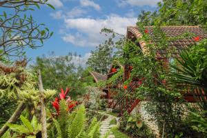 un jardín frente a una casa con plantas en The Tukad Gepuh Cottage and Resto, en Nusa Penida