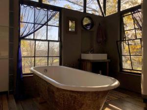 a large bath tub in a bathroom with windows at Porcupine House in Magaliesburg